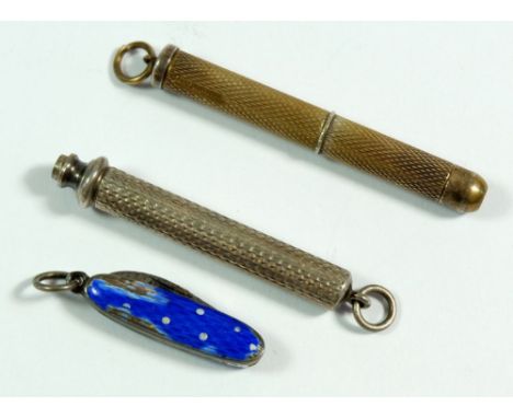 A gold plated on silver tooth pick, a silver extending pencil and a miniature enamel penknife