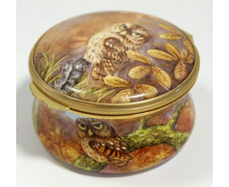 A Moorcroft enamel circular box painted owls limited edition, 49/50, 5.5cm diameter 