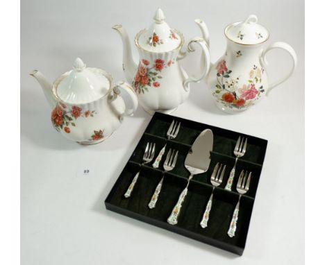 Three Royal Albert coffee pots, one lid a/f and a Royal Albert 'Old Country Roses' stainless steel cutlery cake set with cera