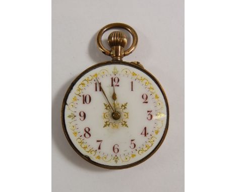 A 9 carat gold fob watch with enamel dial (front missing) 