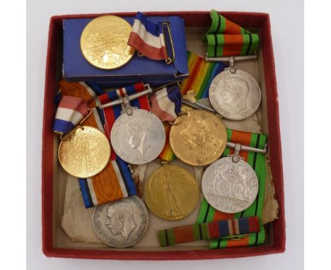 A WWI pair of medals to PNR F Preece RE 225892, three WWII medals, three commemorative medals, enamel badge and ribbons 