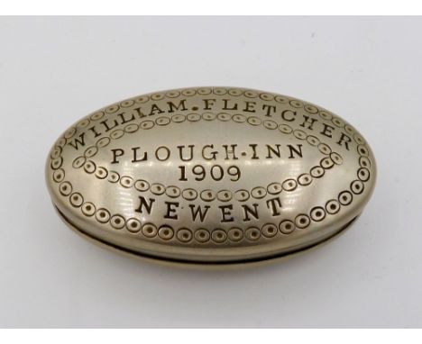 An oval pocket snuff box engraved The Plough Inn, Newent, 1909, William Fletcher 
