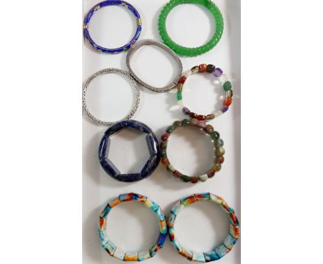 A box of various costume bracelets including stone and enamel 