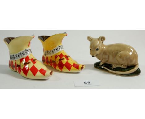A Wade limited edition 'Timid Mouse' and a pair of Coalport Pied Piper boots 
