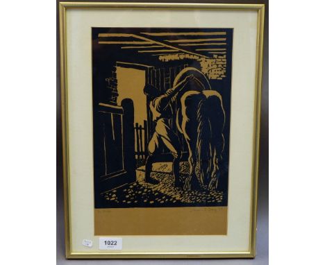 Doreen L R Greig - 1937 linocut print - 'The Stable', 34 x 22cm 