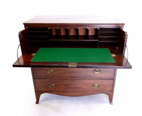 A 19th mahogany secretaire chest of two short and three long drawers with fitted interior and all raised on swept bracket sup