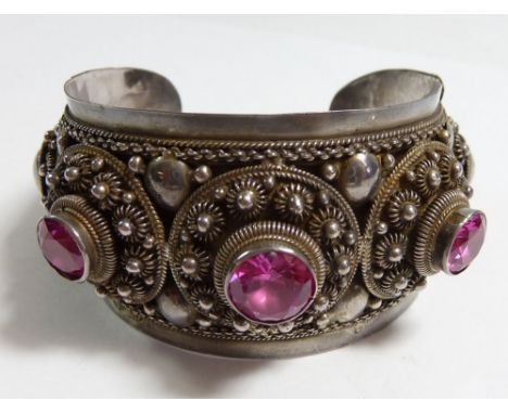 A vintage Siam silver bangle set pink 'stones' 