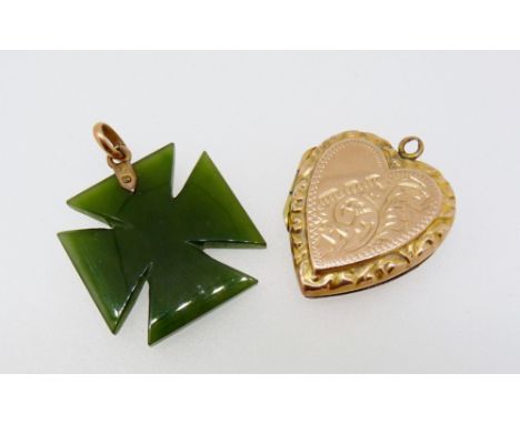 A 9 carat gold heart form locket, 3.2g and a 'jade' and gold pendant 