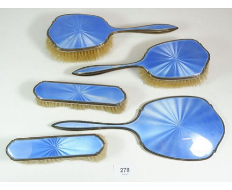 A silver and blue enamel dressing table set, Birmingham 1928 