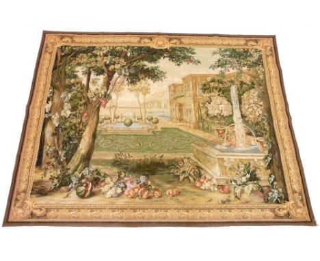 A large machine made tapestry with mythological palace scene 200 x 153cm