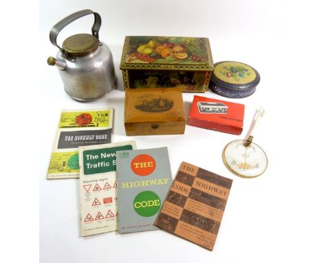 A vintage camp kettle 'The Wasp' and various collectables including Mauchline Ware box and tins etc. 