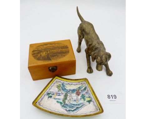 A brass dog, a Ryde Pier souvenir box and a Chinese enamel dish 