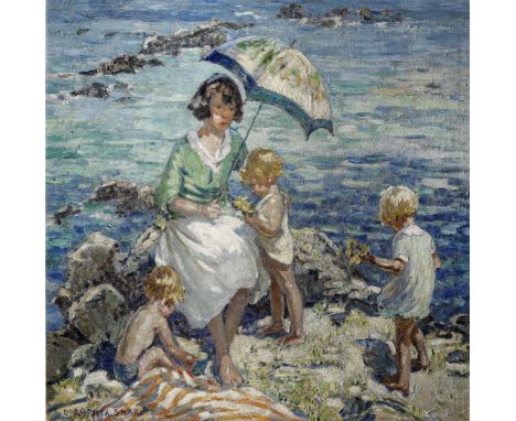 Dorothea Sharp, RBA, ROI (British, 1874-1955)Picking flowers on a clifftop (recto), Playing on the beach (verso) signed 'DORO