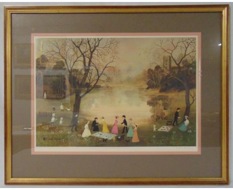 Helen Bradley framed and glazed polychromatic lithograph of figures in a park, signed bottom right and blind stamped bottom l