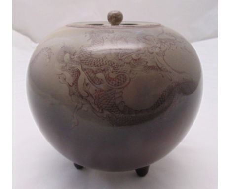 A Mazuku Kozan Koro and cover circa 1900, the globular body decorated with dragons on a graduated smokey ground, the pierced 