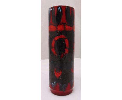 Poole Pottery tubular vase red ground with abstract design, circa 1960, 38.5cm (h)