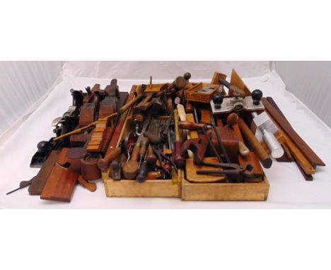 A quantity of vintage wood working tools to include mallets, hammers, planes, saws, gauges and drills