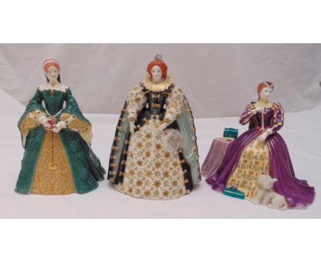 Three Royal Worcester limited edition figurines to include Queen Elizabeth I, Mary Queen of Scots and Queen Mary I, marks to 
