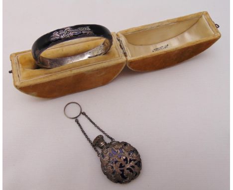 Enamel and silver 19th century mourning bangle in original fitted case and a scent bottle on a suspensory chain