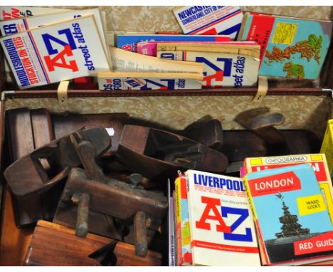 A quantity of wood working tools, to include profile planes etc and a suitcase containing a quantity of 20th century ordnance