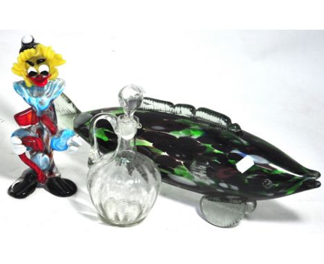 A large Murano glass fish, a Murano glass clown and a small Victorian etched glass decanter (3).