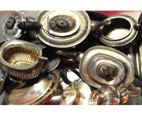 A quantity of plated items including a four piece set, three piece tea service, three tureens, sundry items, also pewter etc.