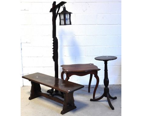 A small round side table on pedestal base, a rectangular table, an Ercol style oak bench and an oak standard hanging lamp (4)