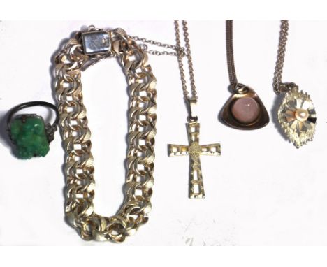 A silver chain bracelet and a white metal ring with jade centre, a silver crucifix on chain, a silver pendant with rose quart