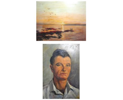 G. ASHCROFT; oil on artist board "Portrait of C. Walker" signed, 30 x 44cm and a further oil by the same artist; coastal land