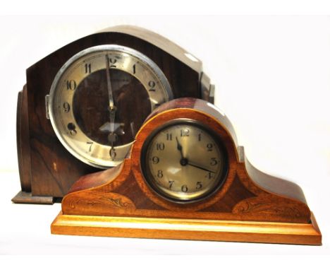 A small Napoleon hat inlaid mantel clock, height approx 14cm and a mahogany cased 1930s mantel clock, height approx 25cm (2).