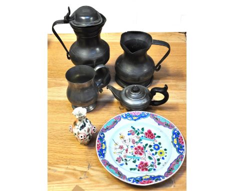 A small quantity of pewter, a small Zsolnay Pecs vase, height 11cm and a damaged 19th century Chinese plate, diameter 23cm. C