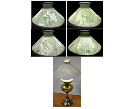 A rare Victorian porcelain lithophane lamp shade, decorated with courtship and classical scenes on opposing panels, impressed