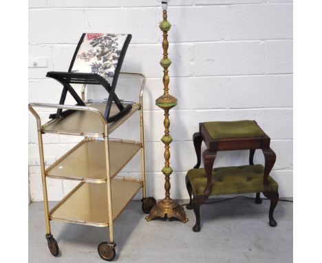 A vintage metal tea trolley, a folding stool, one other stool on cabriole legs and an onyx and gilt metal standard lamp, heig