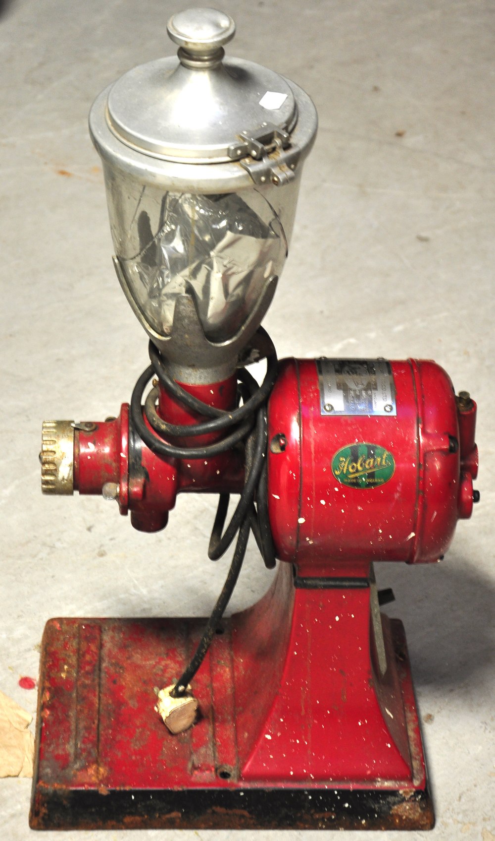 A retro 20th century Hobart red painted electrical coffee grinder, model E2120, bearing original