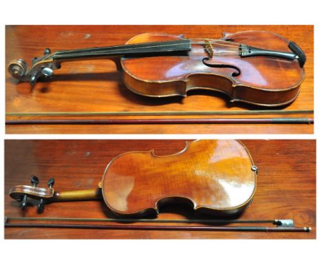 A full size cased violin, with one piece back, length 36cm, with bow. CONDITION REPORT No visible signs of structural damage,