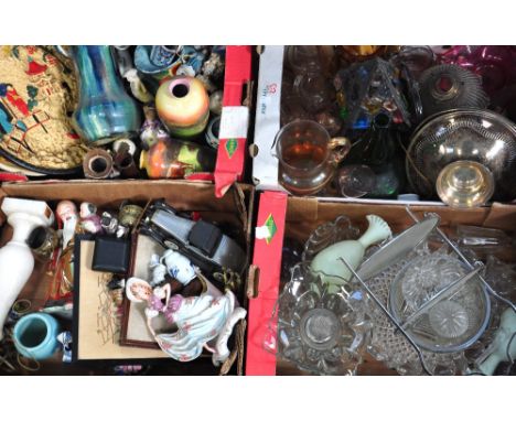 Four boxes of collectibles comprising ceramics, glassware and metalware to include an Edwardian glass lampshade and coloured 