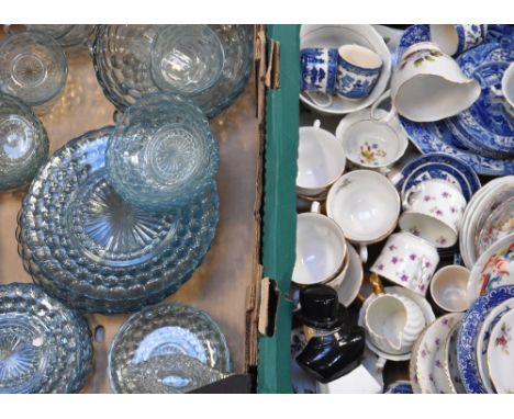 A quantity of ceramics and glassware to include Spode, Aynsley, Queen Anne etc and a pale blue moulded glass tea service. Als