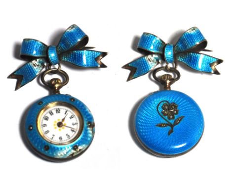 A late 19th century Continental white metal and pale blue guilloché enamel decorated fob watch on bow, the pierced scrolling 