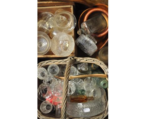 A box of collectibles to include treen items, vintage bottles and a quantity of glassware etc.