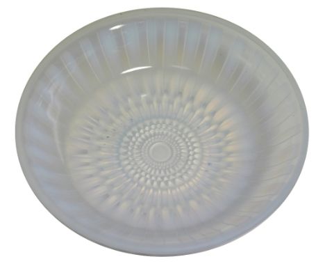 A French Art Deco clear and iridescent glass circular bowl with ribbed design to the exterior, unmarked, width 30cm.