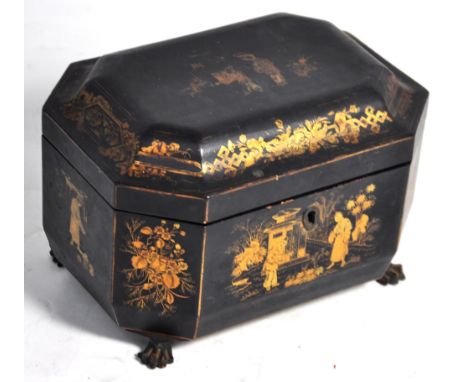 A Regency black chinoiserie lacquer workbox on claw feet, 17 x 22cm and a 19th century wooden zinc lined tea caddy (2). CONDI