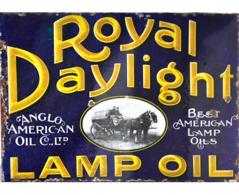 An early 20th century enamel pictorial double sided shop sign "Royal Daylight Lamp Oil", complete with flange 37 x 54cm.