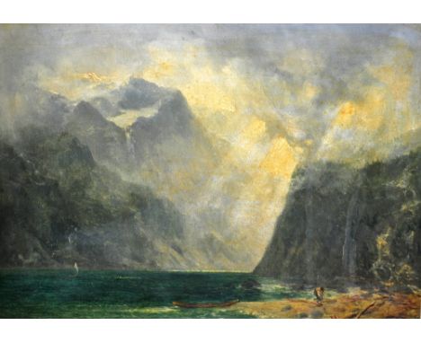 JOHN WRIGHT OAKES (1820-1887); oil on card "Sun Breaking Through the Clouds, Bay of Lake Lucerne", signed lower left, indisti