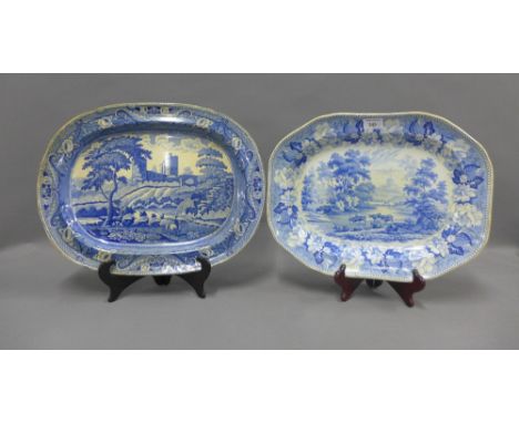 19th century Staffordshire blue and white transfer printed ashets to include Rogers Cattle and Castle pattern and Scotch View