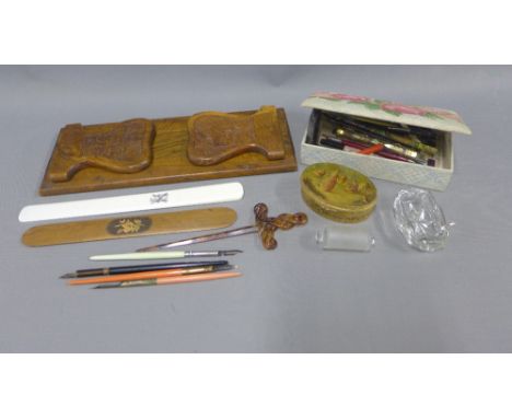 Mixed lot to include vintage nib holders, gilt metal box containing  various nibs and tins, early 20th century ivory page tur