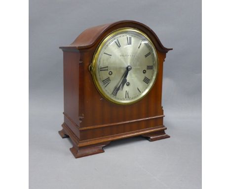 Walker &amp; Hall mahogany cased mantle clock, silvered dial with Roman numerals, French brass movement striking on a gong, 3