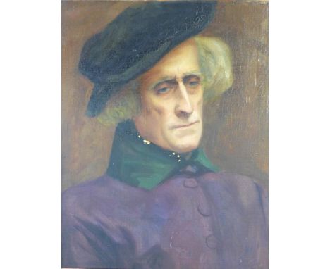 Head and shoulders portrait of a gent in a black hat, oil on board, apparently unsigned, framed, 40 x 50cm 