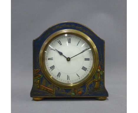Early 20th century blue lacquered chinoiserie mantle clock, with French brass movement, 14cm  