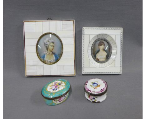 Two 18th century enamel patch boxes,  5cm long (a/f) and two faux ivory framed portrait miniature prints  (4) 