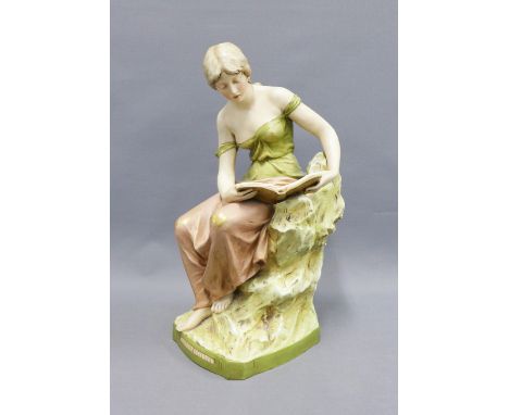 Royal Dux Art Nouveau figure of a girl reading a book, with pink triangle backstamp and impressed No. 2348, 50cm high 